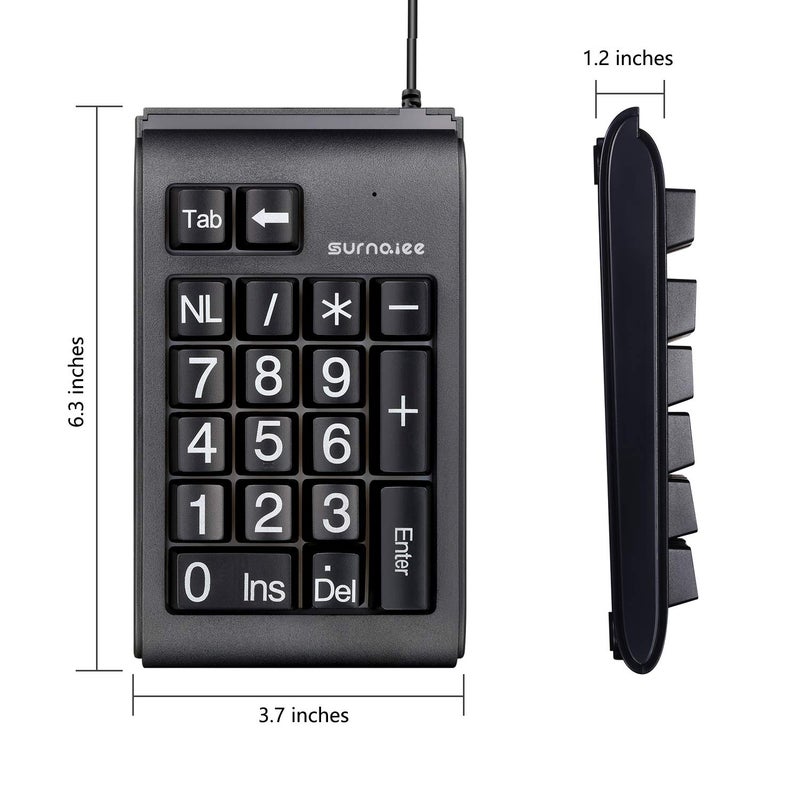 SurnQiee USB Number Pad, Large Print Wired Numeric Keypad with 3 Colors LED Backlit, Portable Mini 10 Key Num Pad for Laptop Desktop Computer PC, Full Size 19 Key - Black - Image 4